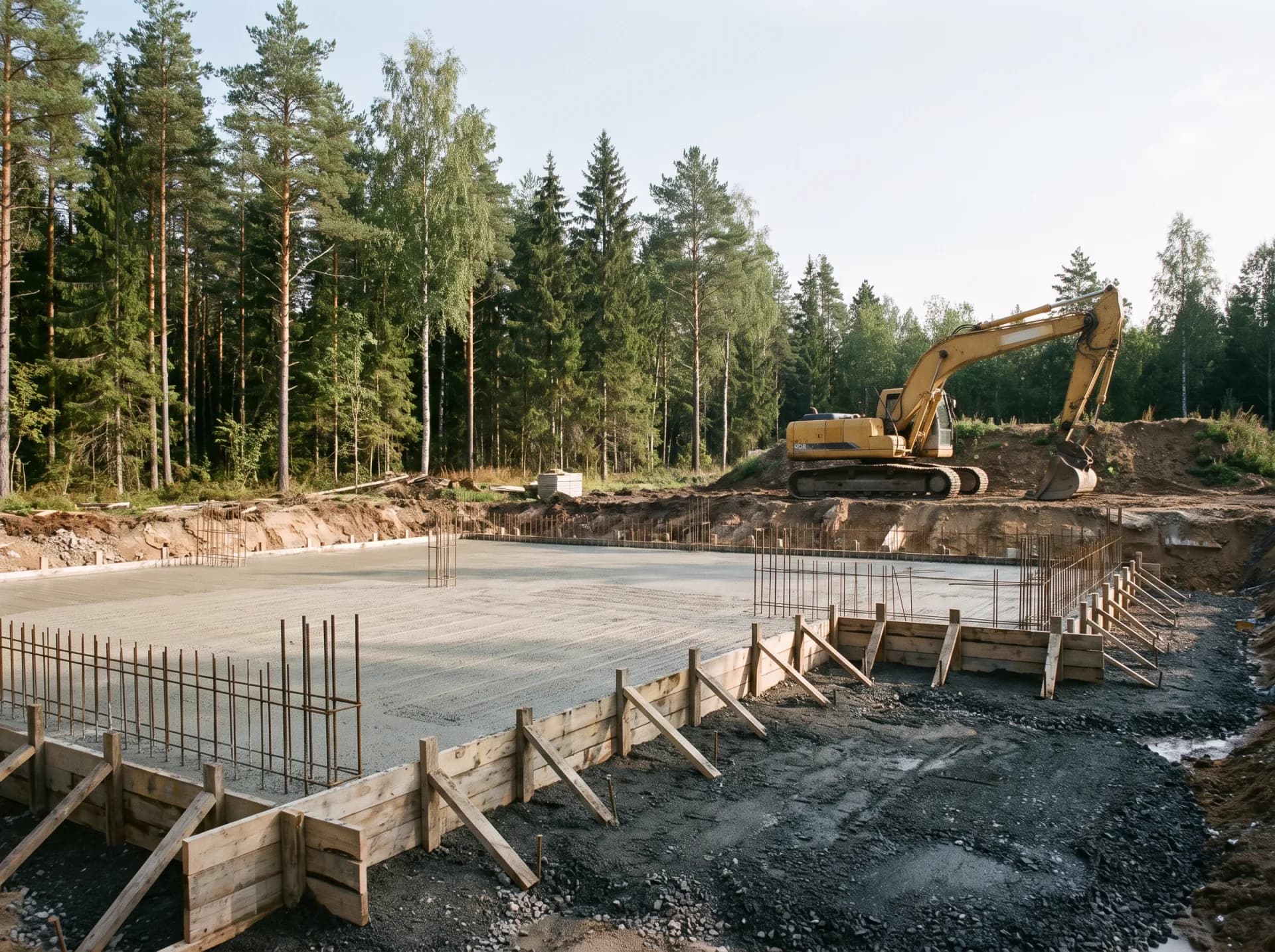 Concrete foundation slab with formwork and rebar, an excavator alongside