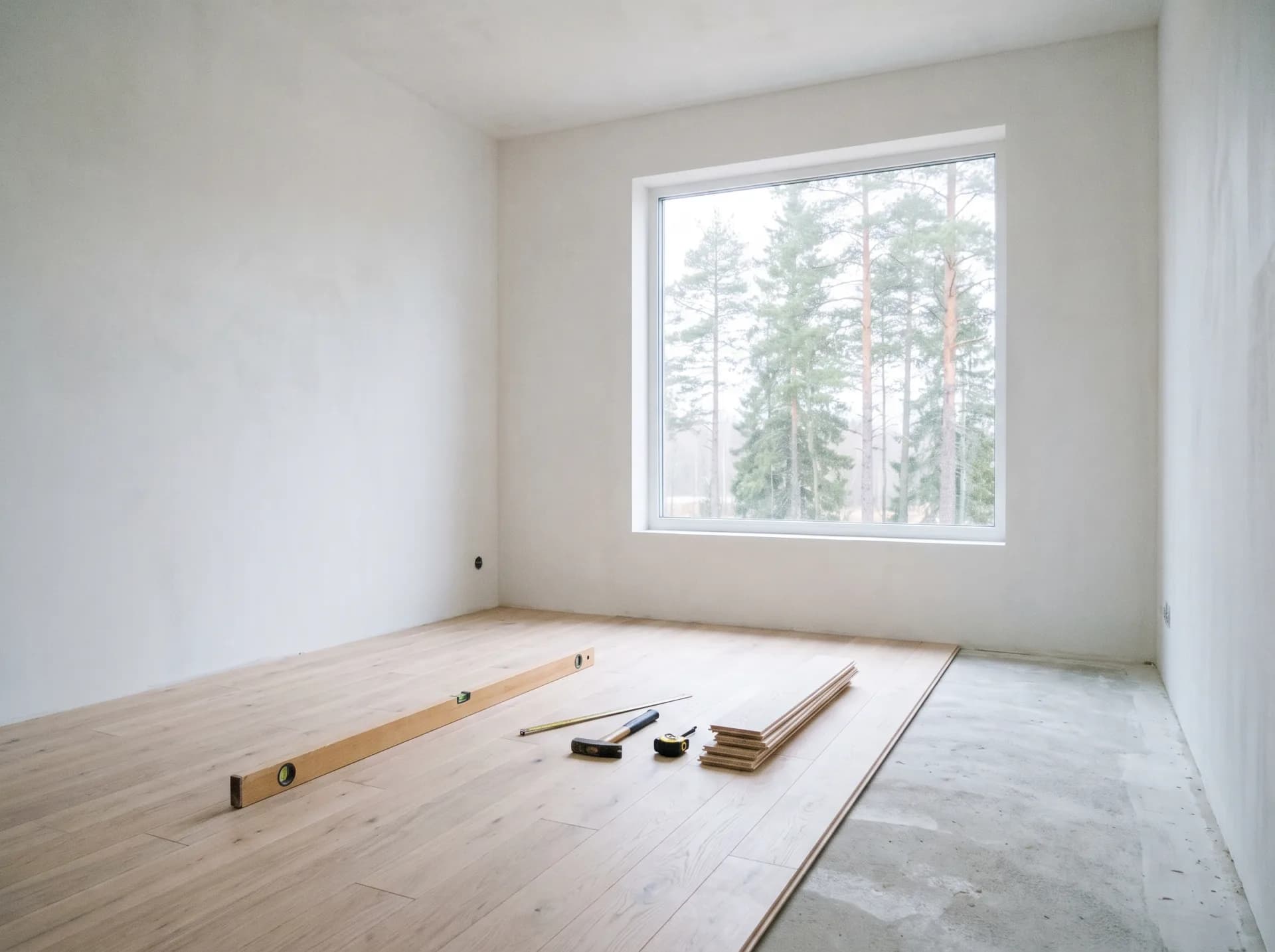 Interior with oak floorboards half laid and a window onto pines
